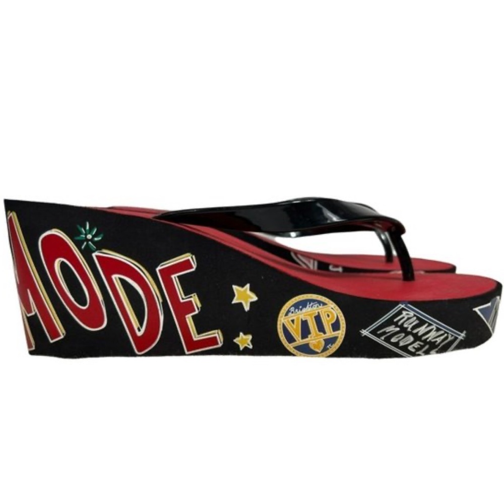 Brighton Y2K Platform Thong Sandals Black Red GLAM Wedge Flip Flops Size 8–8.5